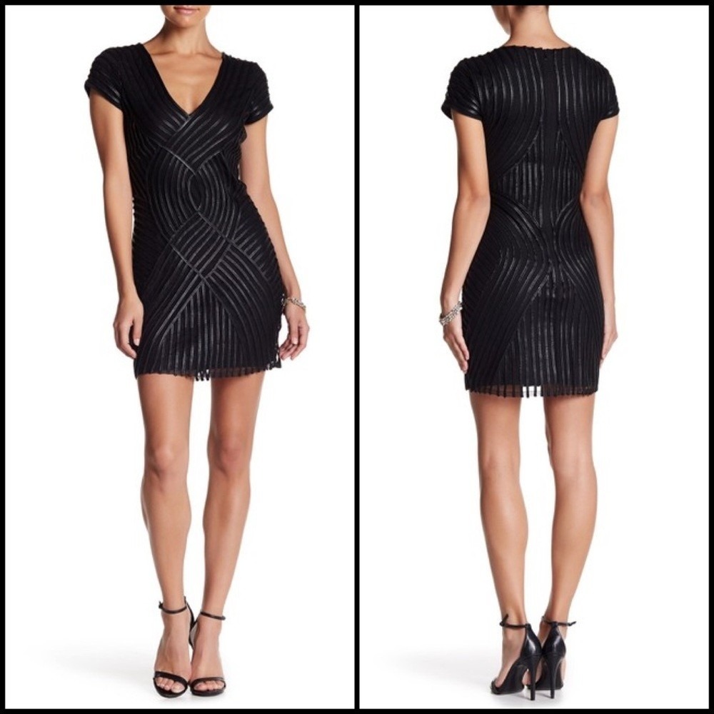 Parker Goth Grunge Vixen Black Faux Leather Mesh V-Neck Bodycon Mini Dress XS